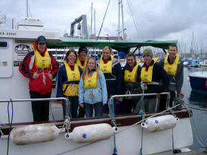 Picture of group 8 standing at the stern of the Natwest II before the trip