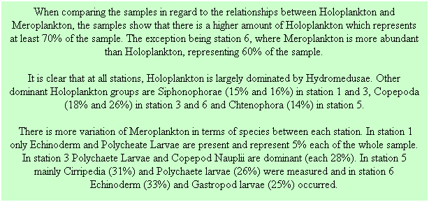 Text Box: When comparing the samples in regard to the relationships between Holoplankton and Meroplankton, the samples show that there is a higher amount of Holoplankton which represents at least 70% of the sample. The exception being station 6, where Meroplankton is more abundant than Holoplankton, representing 60% of the sample. 
It is clear that at all stations, Holoplankton is largely dominated by Hydromedusae. Other dominant Holoplankton groups are Siphonophorae (15% and 16%) in station 1 and 3, Copepoda (18% and 26%) in station 3 and 6 and Chtenophora (14%) in station 5.
 There is more variation of Meroplankton in terms of species between each station. In station 1 only Echinoderm and Polycheate Larvae are present and represent 5% each of the whole sample. In station 3 Polychaete Larvae and Copepod Nauplii are dominant (each 28%). In station 5 mainly Cirripedia (31%) and Polychaete larvae (26%) were measured and in station 6 Echinoderm (33%) and Gastropod larvae (25%) occurred.
 
