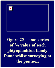 Text Box: Figure 25. Time series of % value of each phtyoplankton family found whilst surveying at the pontoon
