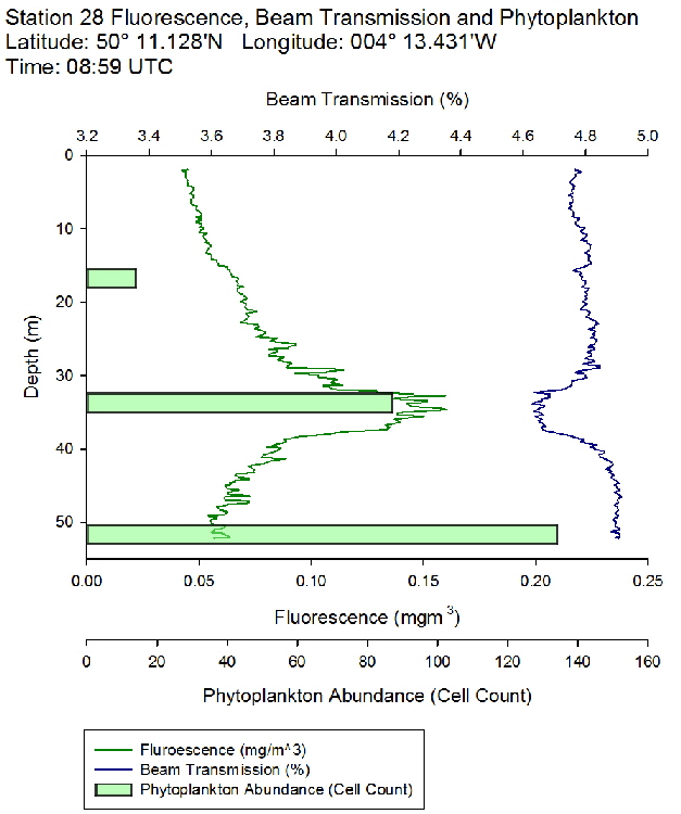Figure 45: Fluorescence, beam transmission and phytoplankton count for station 28