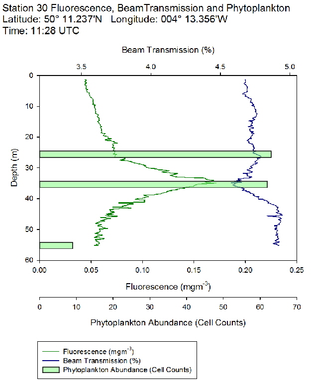 Figure 47: Fluorescence, beam transmission and phytoplankton count for station 30